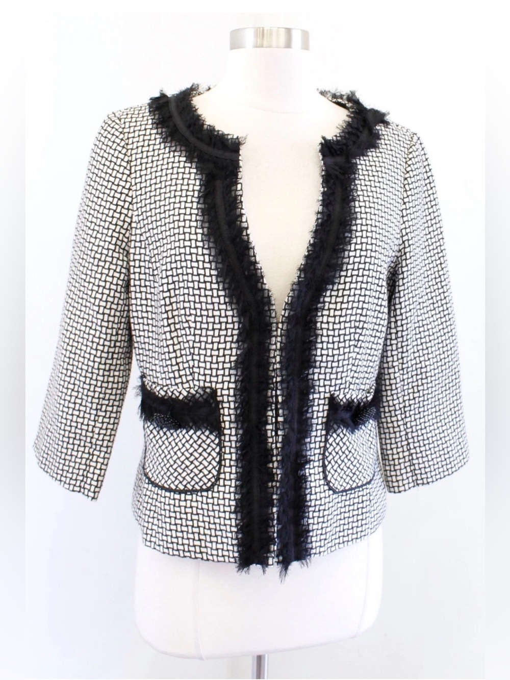 White House Black Market Black & White 3/4 sleeve blazer w/ fringe & beads